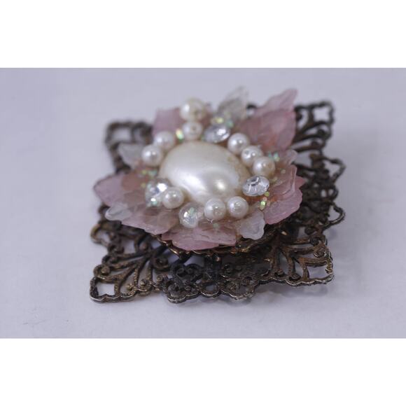 Pink Flower with White Pearls, Ornate Brooch, Floral Design, Eye-Catching, - Picture 2 of 4
